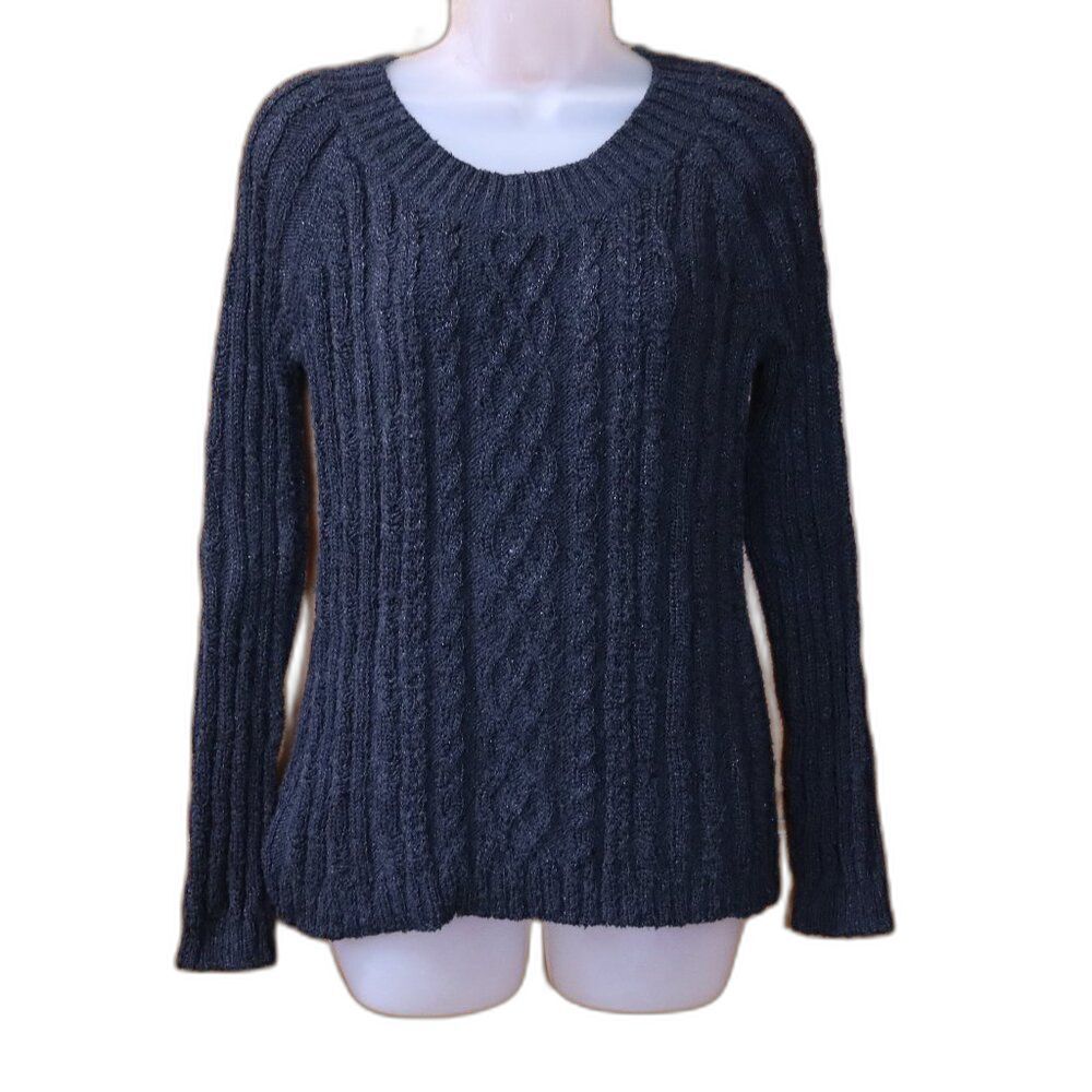 Dana Buchman Black Textured Cable Knit Round Neck Pullover Sweater Medium